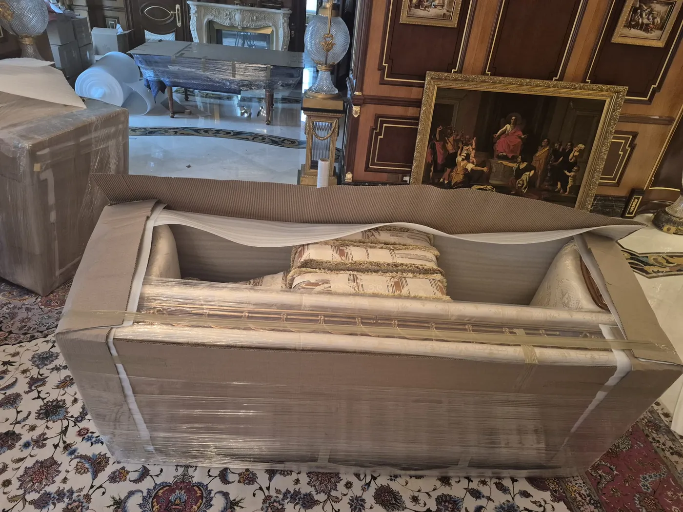 Securely packed large item in a custom cardboard shipping crate