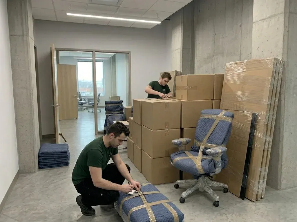 Mover applying protective wrap in a North York office