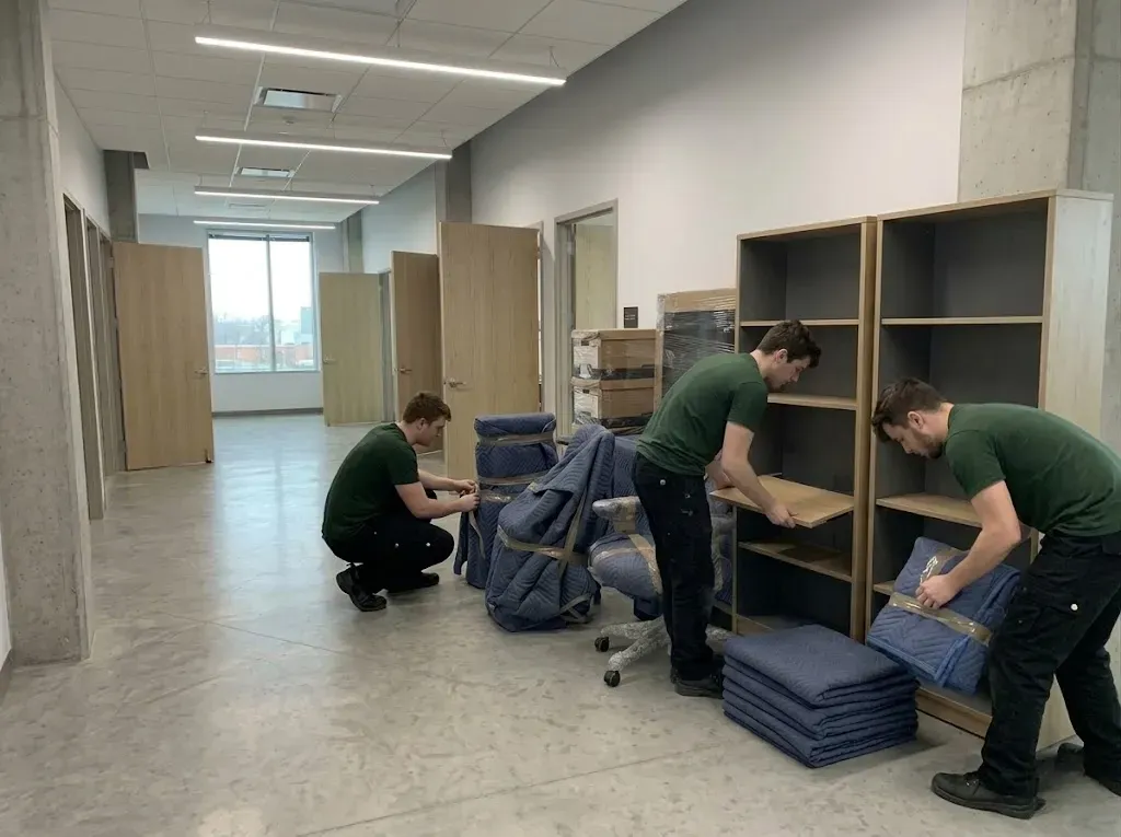 Movers disassembling shelving units in a Richmond Hill office