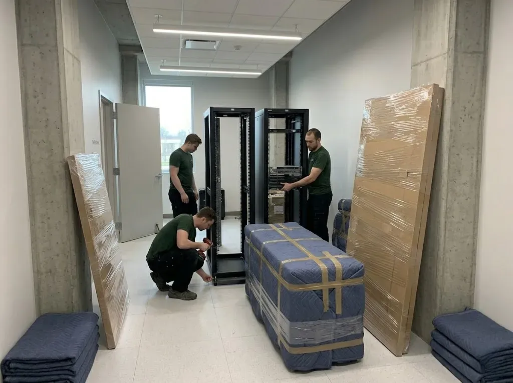 IT moving team working with server racks in Markham