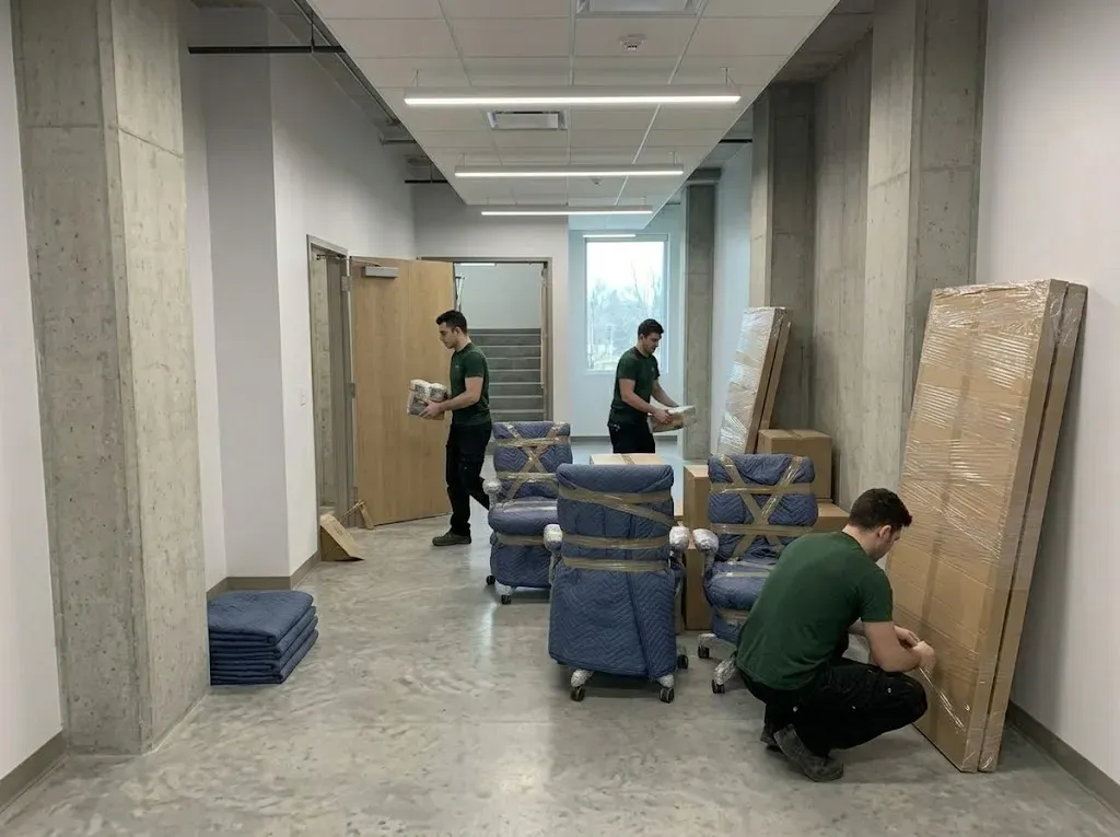 Professional packing team systematically wrapping and boxing items